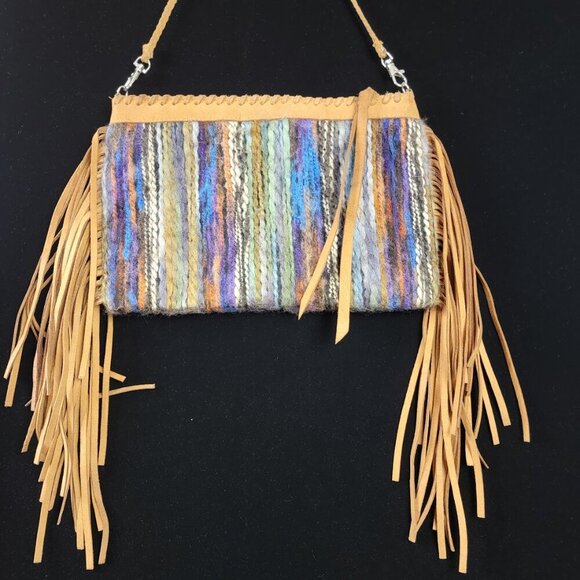 2 Chic Luxe Boho Fringe Crossbody Bag Wool Blend Suede Trim 11"x8" - Picture 6 of 12